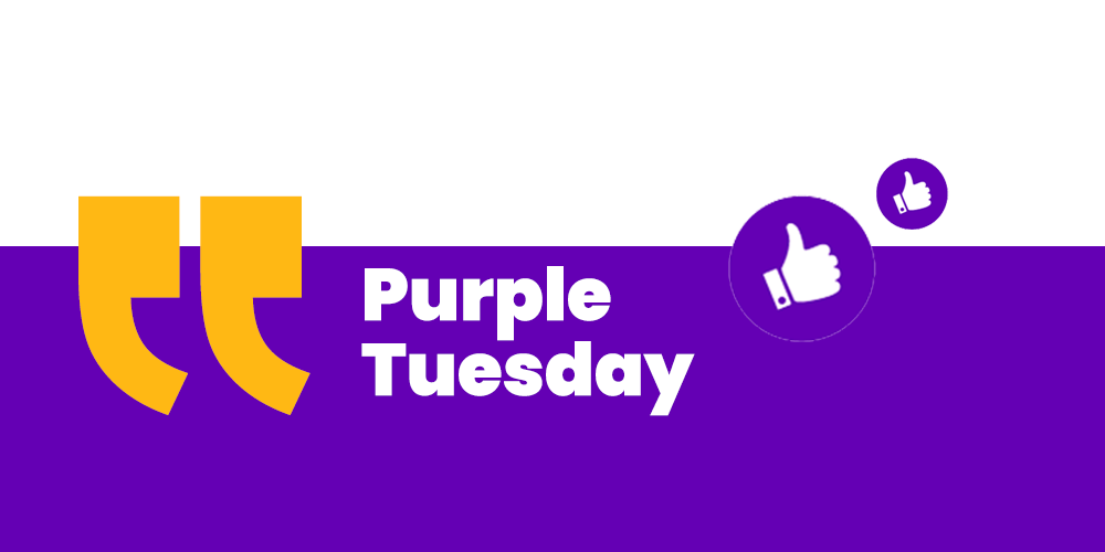 Purple tuesday banner Half white and purple banner with white text that reads "Purple Tuesday"