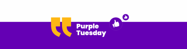 Half white and purple banner with white text that reads "Purple Tuesday"