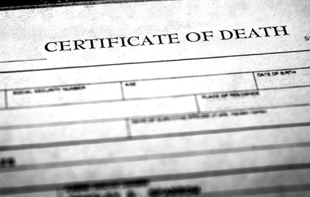 A black and white image of a death certificate 