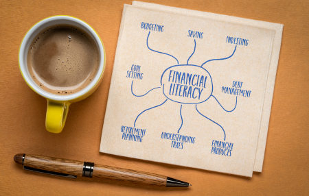 An image of 'financial literacy' on a piece of paper next to a pen and a coffee 