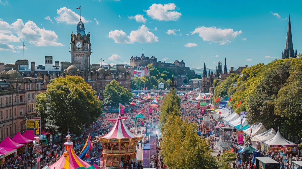 An image of Edinburgh Fringe festival featuring colourful market stalls in the centre.