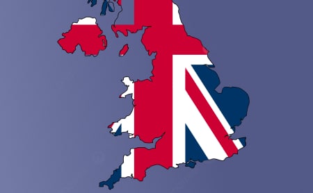 An image of a map of the UK decorated with the Great Britain flag on a purple background.
