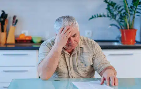 Image of a man with his head in his hands, sat at his table looking at a letter.