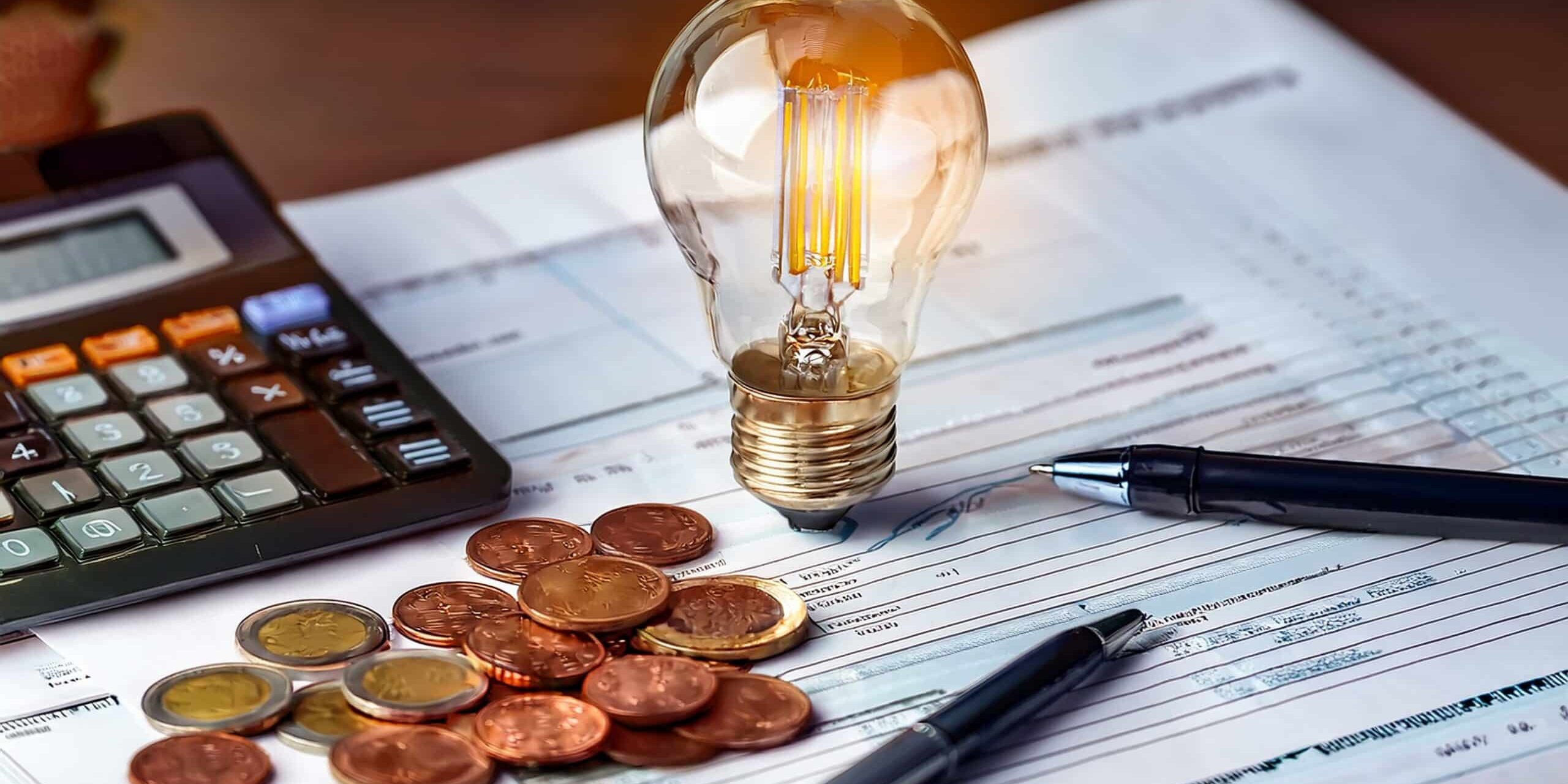 A light bulb, a pen, a calculator and some copper euro cent coins lie on top of an electricity bill. Created with Generative AI technology.