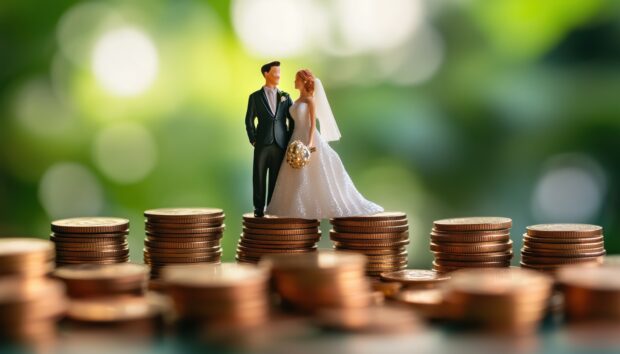 Figure of a married couple stood on coins