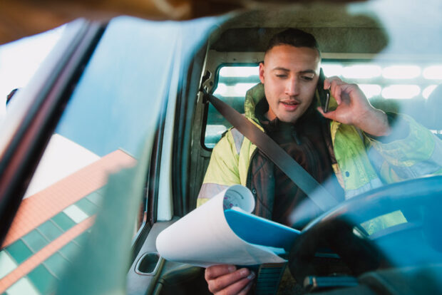 workman-van Mid-adult manual worker is sitting in his van, looking through paperwork while speaking to someone on the phone.
